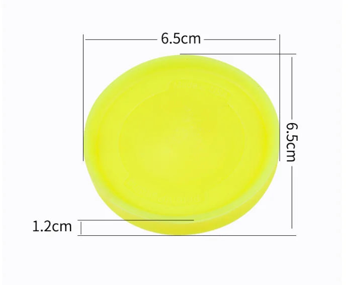 Neon yellow mini flying disc, 6.5 cm diameter shown with size markings.