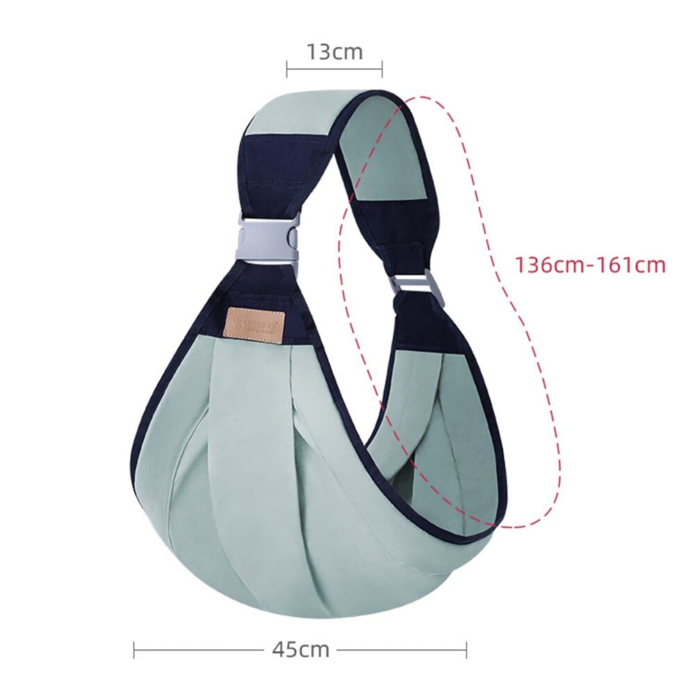 Baby sling carrier with dark navy straps, mint panel, and adjustable buckle