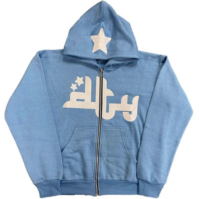 Light blue star zip-up hoodie with large front graphic, full front zipper, and hood