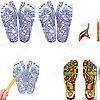 Pair of blue reflexology socks with line-and-point foot diagram, plus yellow tools