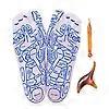 Blue-and-white reflexology socks with foot diagram, with orange massage stick