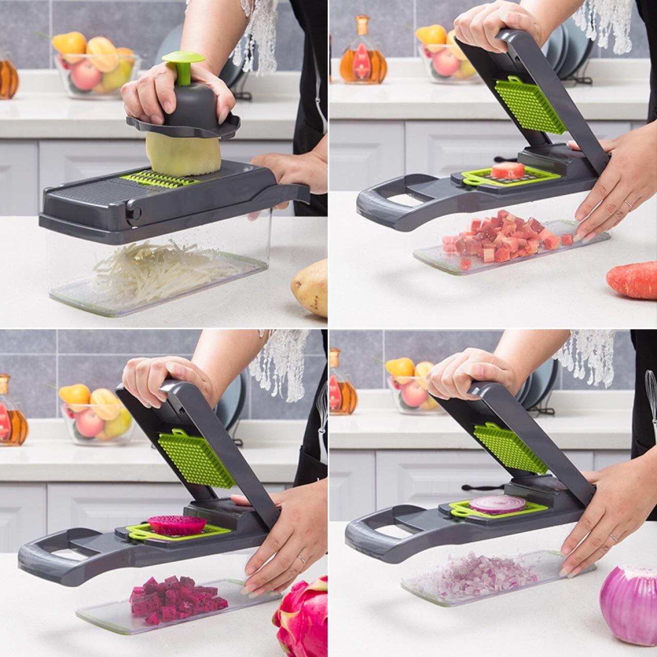 Vegetable chopper and dicer being used to slice vegetables over the clear tray