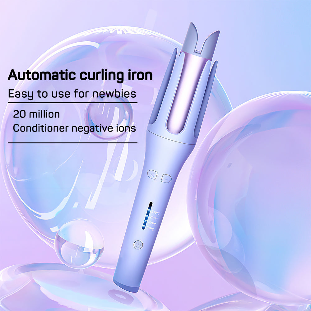 Light blue automatic electric curling iron with rotating barrel and side control buttons