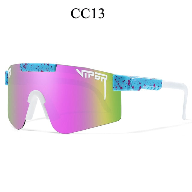 Women's fashion sunglasses with purple mirrored lens, white frame, blue speckled arms