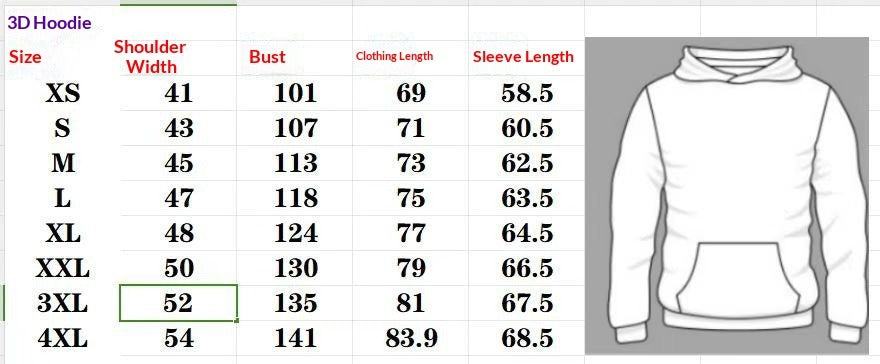 Size chart for 3D hoodie: shoulder width, bust, length, and sleeve length by size.