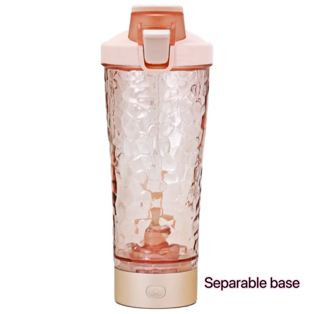 Pink textured portable blender bottle with flip lid and removable base