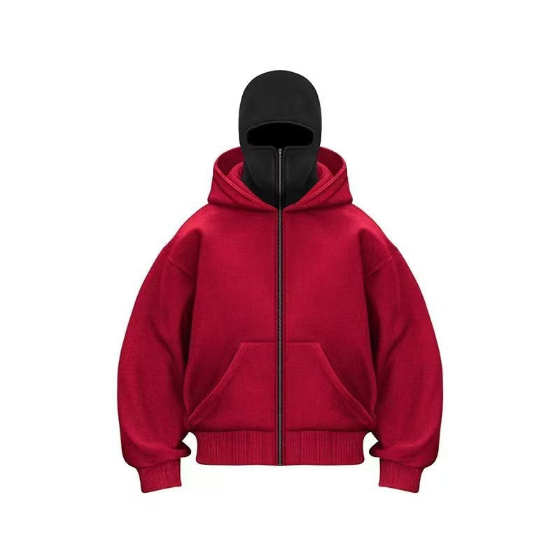 Men's hooded zip-up baseball jacket, red with full-length front zipper and ribbed cuffs