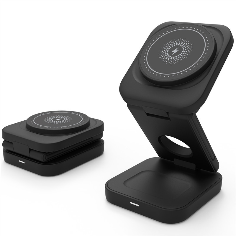 3-in-1 foldable magnetic wireless charging station, black upright stand with base