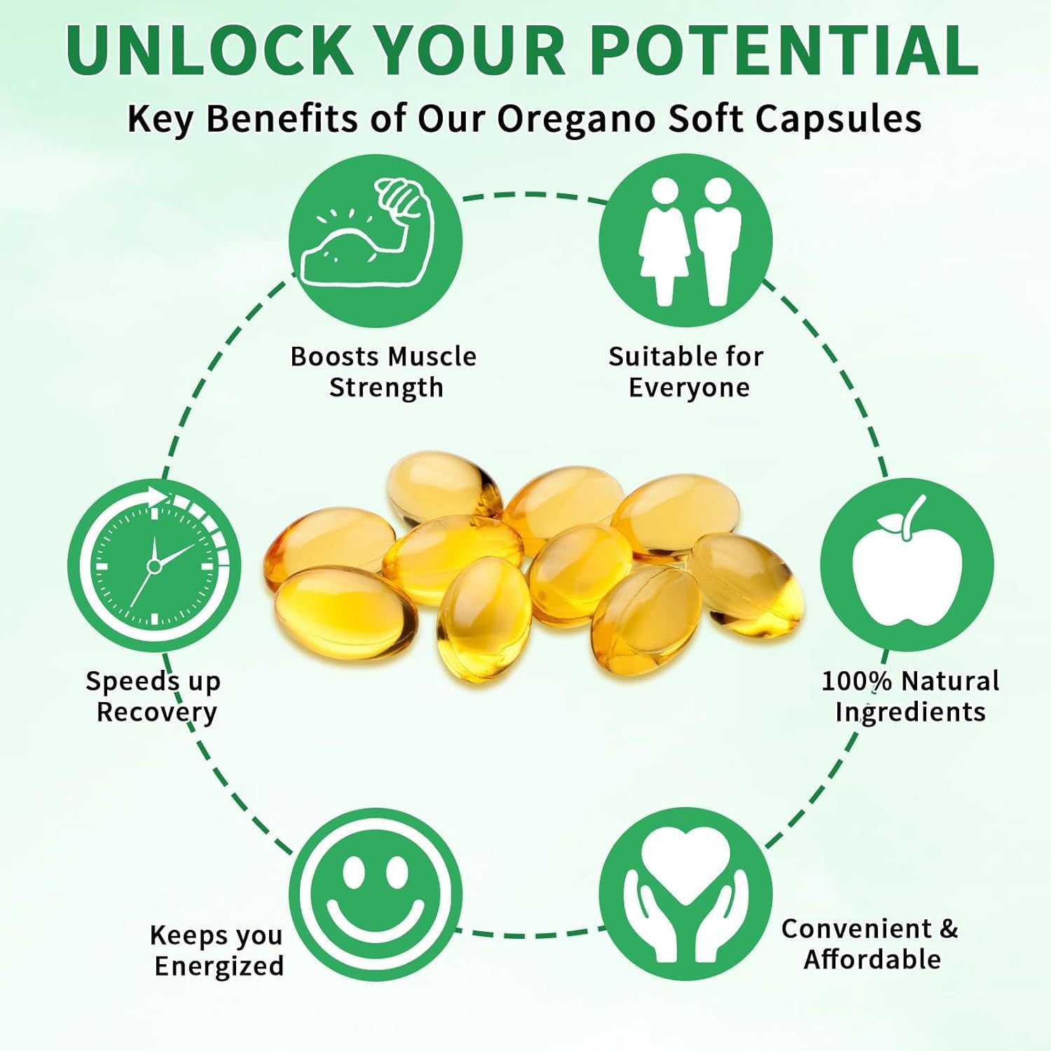 Oregano oil softgels on a graphic with green benefit icons and a pile of capsules