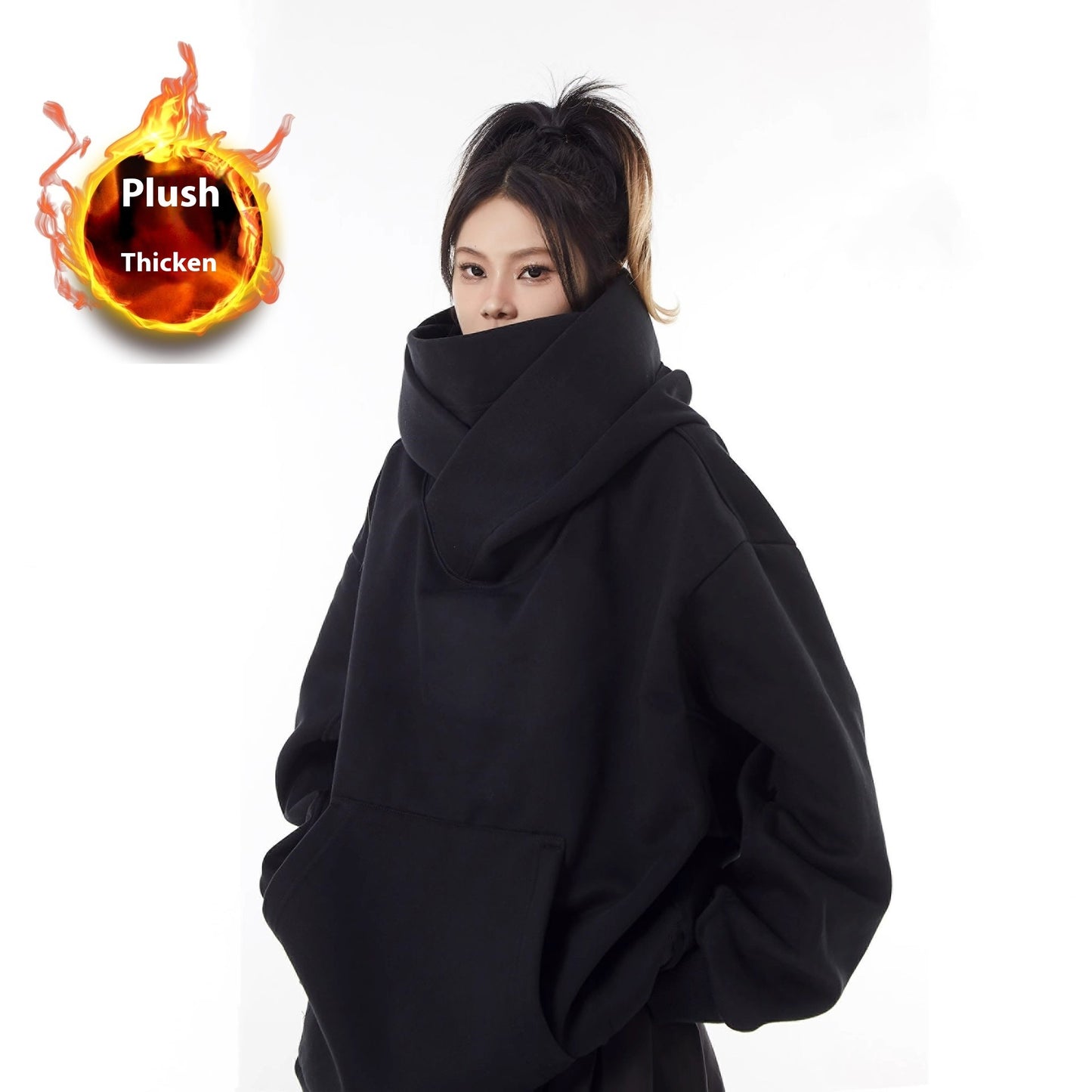 Black fleece-lined hoodie with high collar, oversized pullover, kangaroo pocket