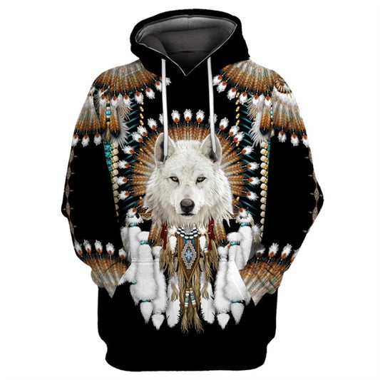 Black wolf graphic hoodie with 3D white wolf face and feathered trim print