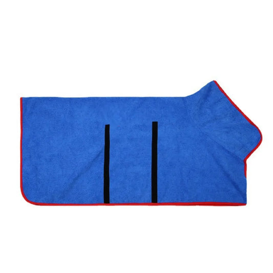 Pet bathrobe towel, blue with red trim, front pocket and two black neck loops
