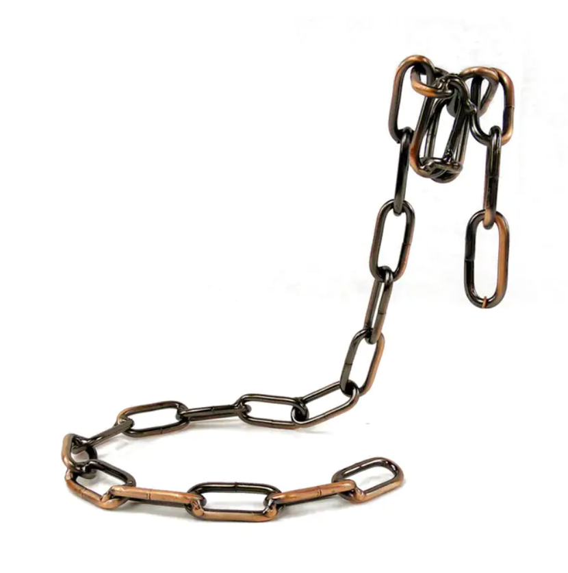 Dark bronze metal chain bottle holder with top hooks and linked gravity stand.