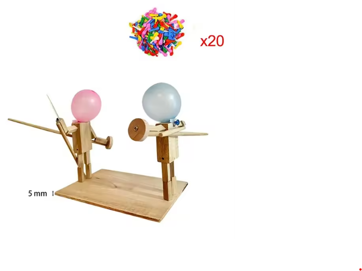 Wooden balloon fighter puppet set with two puppets and pink and gray balloons
