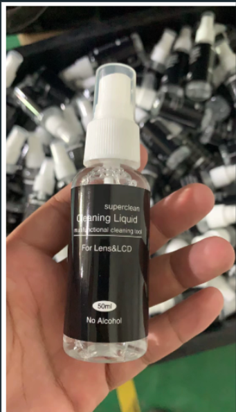Camera lens cleaner spray, 50ml bottle with white nozzle; no alcohol