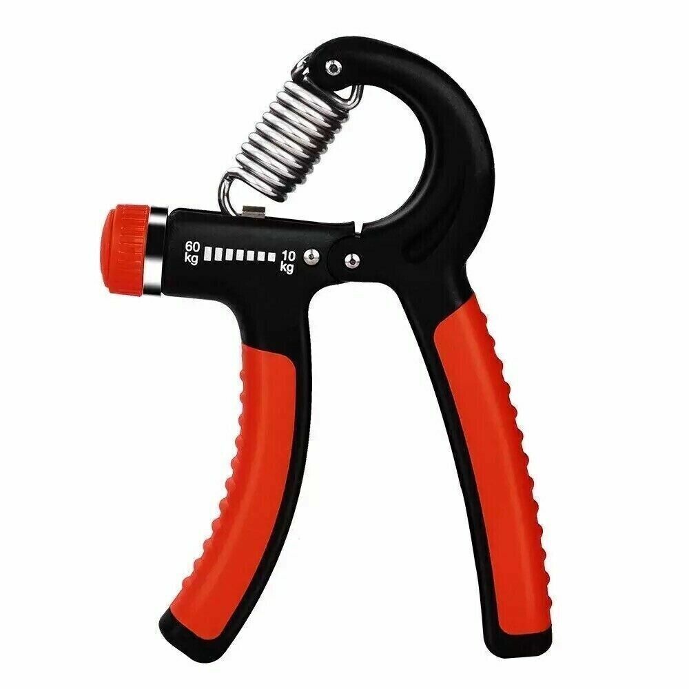 Hand grip strength trainer with black frame, red rubber handles, and coiled steel spring