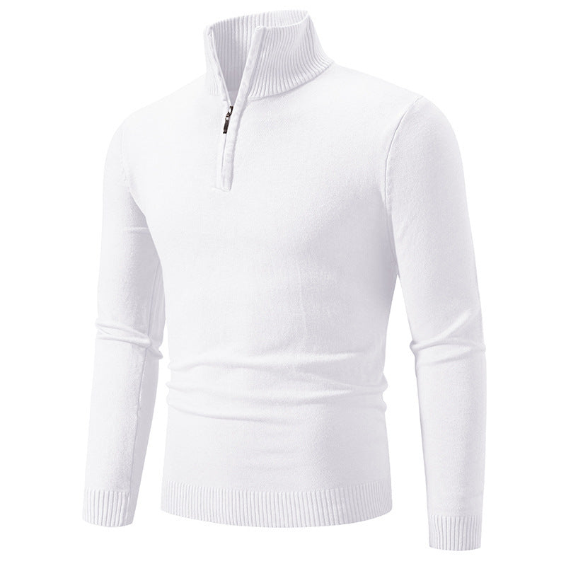 Men's fleece zip mock neck pullover sweater, white with zip-up mock neckline
