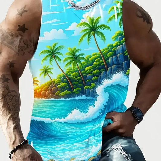 Sleeveless polyester vest with full ocean and palm landscape in teal and green