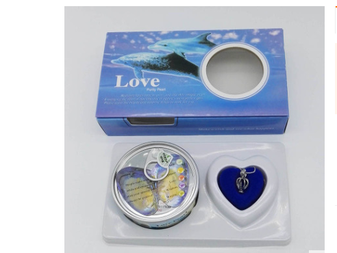Wish pearl necklace gift set with blue heart pendant and round keepsake container