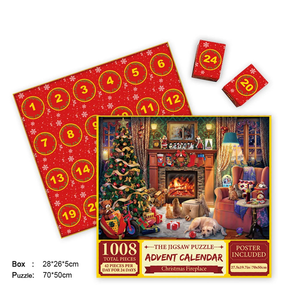 Christmas advent calendar jigsaw puzzle set with numbered red board and fireplace scene