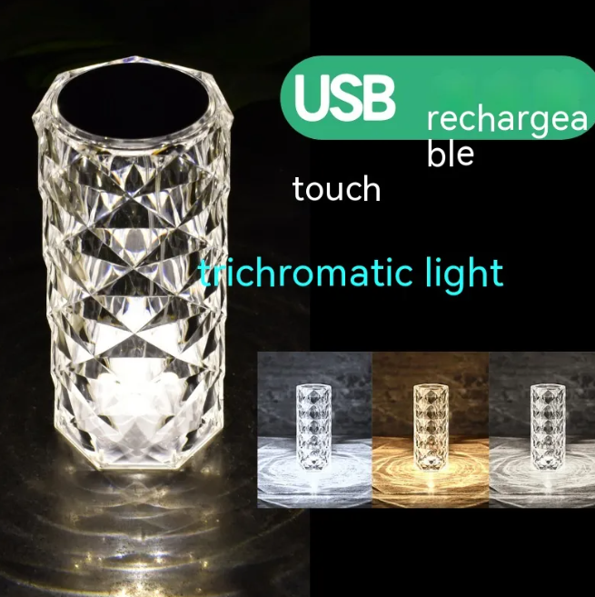 CrystalBloom LED rose lamp with faceted glass cylinder and soft white glow