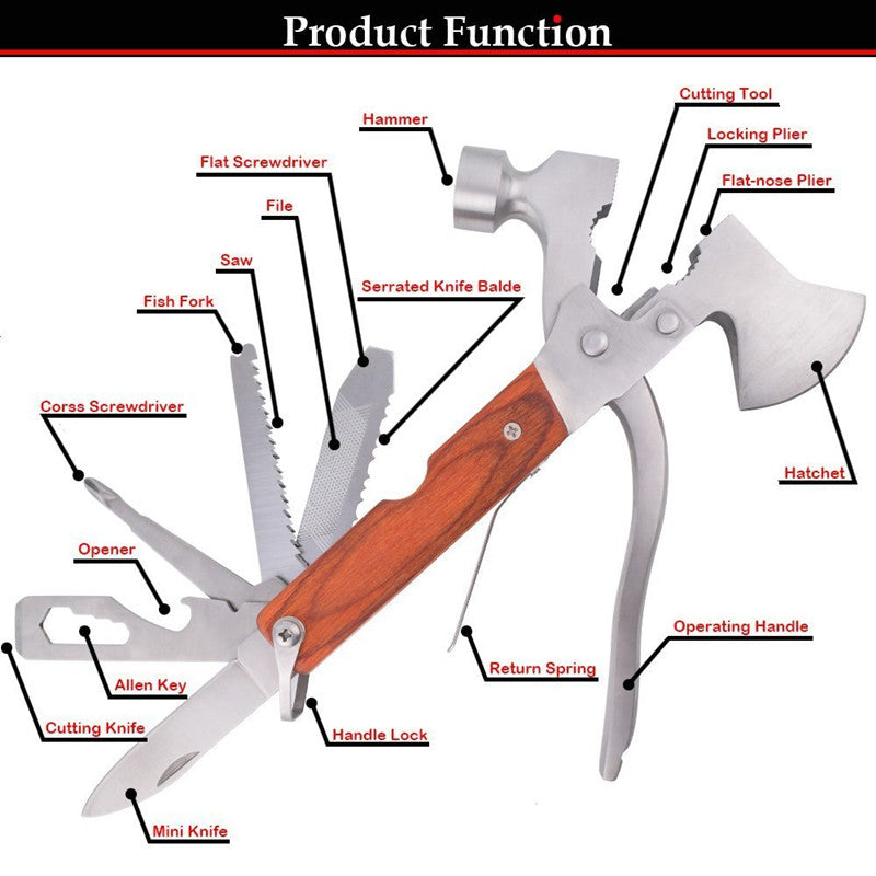 Multi-tool axe hammer with serrated knife blade, hatchet head, and multiple attachments