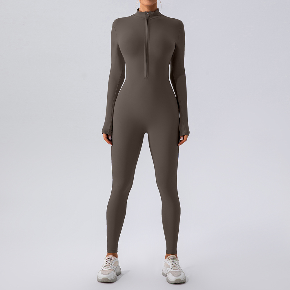 Dark gray fleece-lined jumpsuit with half-zip, stand collar, long sleeves, tapered leggings