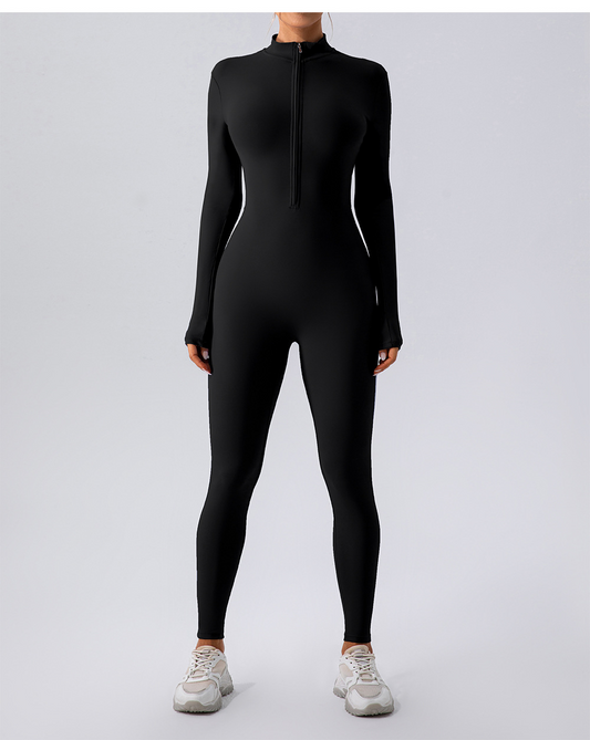 Black fleece-lined zip-front yoga jumpsuit with long sleeves and high collar