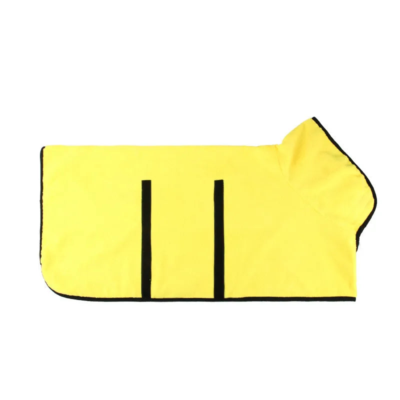Yellow dog drying robe towel with hood and two black fastening straps, terry texture