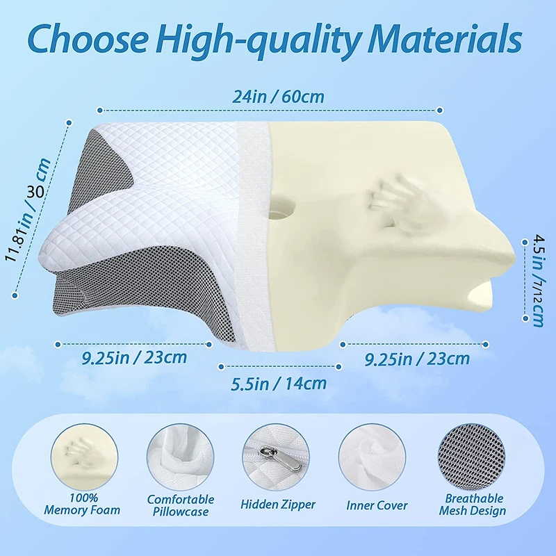 Memory foam cervical neck pillow, white with gray mesh sides; labeled dimensions and materials shown