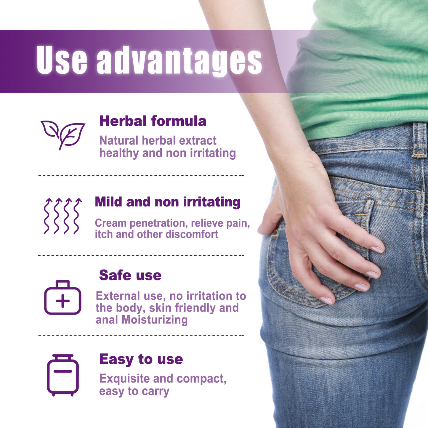 Herbal hemorrhoid relief spray, hand touching hip area beside jeans