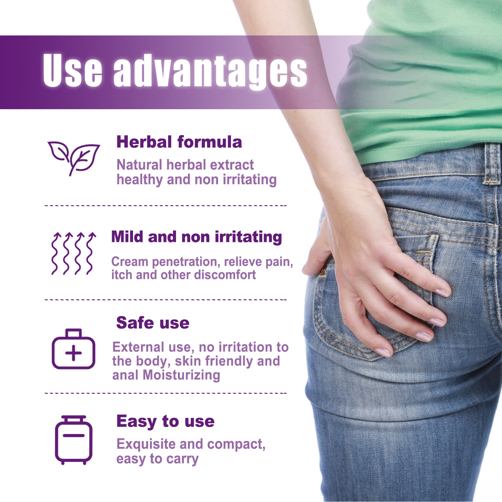Herbal hemorrhoid relief spray, hand touching hip area beside jeans