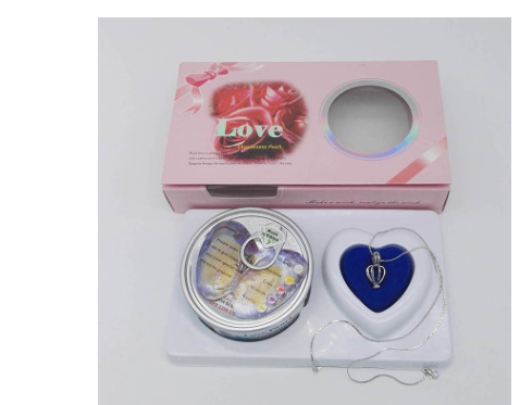 Wish pearl necklace gift set with blue heart pendant, chain, and round keepsake container