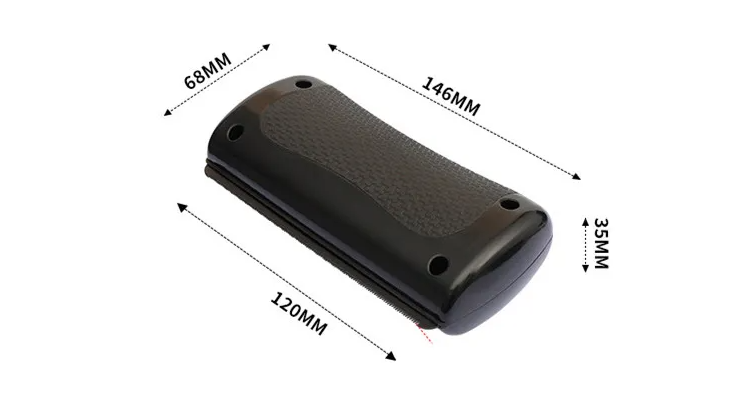 Black pet grooming comb dimensions shown with finger-grip texture pad and holes