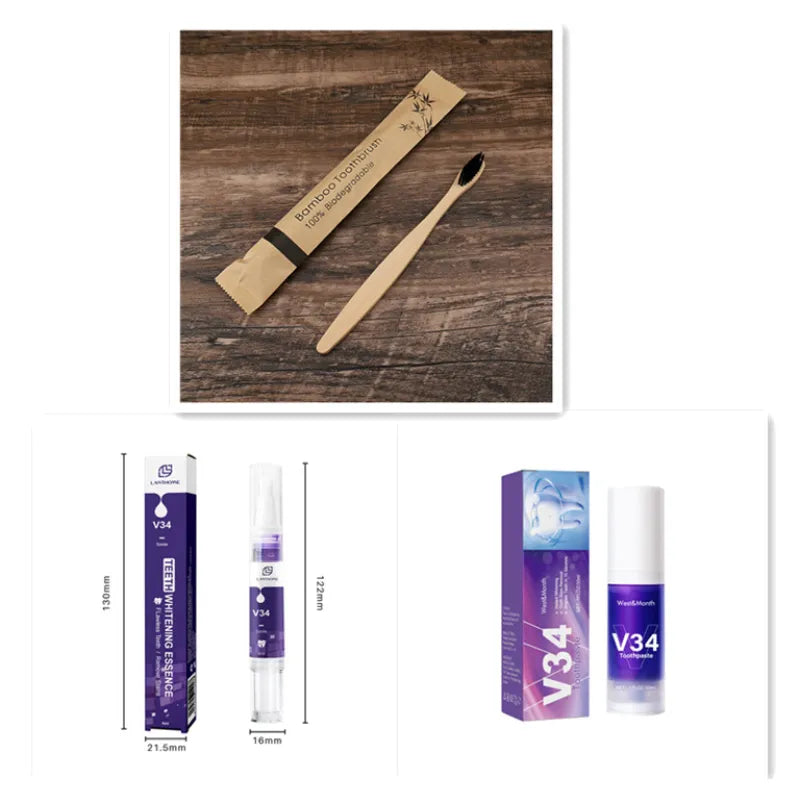 V34 toothpaste mousse and box with wooden accessory on a dark surface