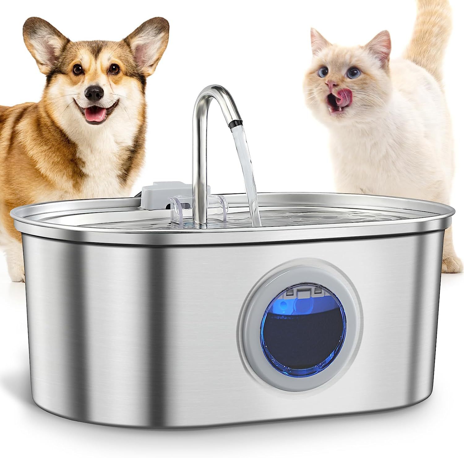 Stainless steel pet water fountain with blue indicator panel and drinking spout