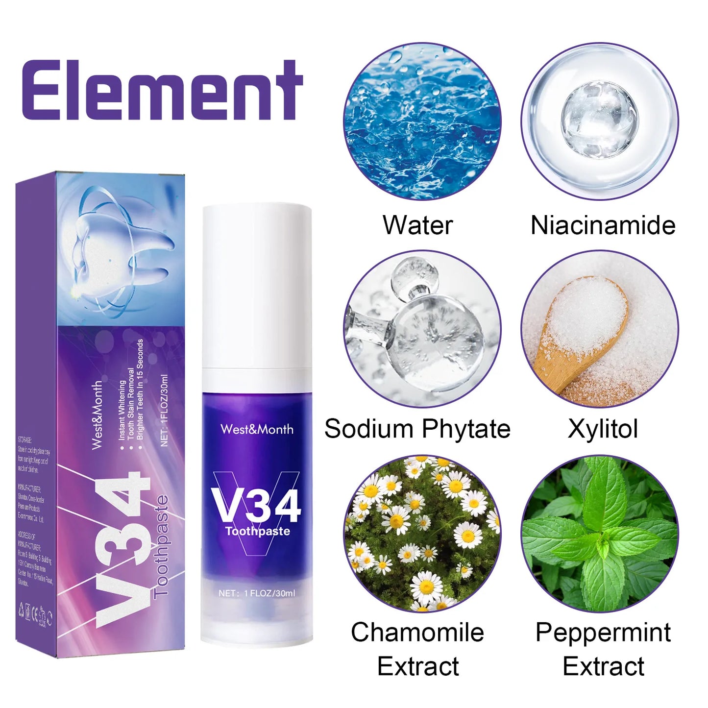 V34 toothpaste mousse set with purple-and-blue box and white West&Month bottle