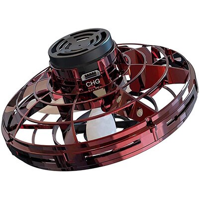 Red mini UFO spinner drone toy, top fan housing and red cage frame