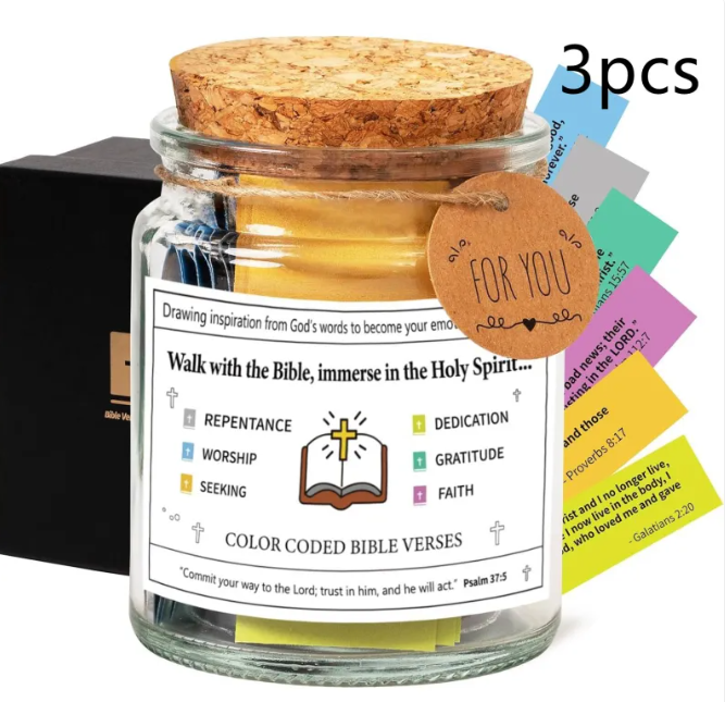Glass Bible verse jar with cork lid, gold ribbon, “FOR YOU” tag, and multicolor scripture cards