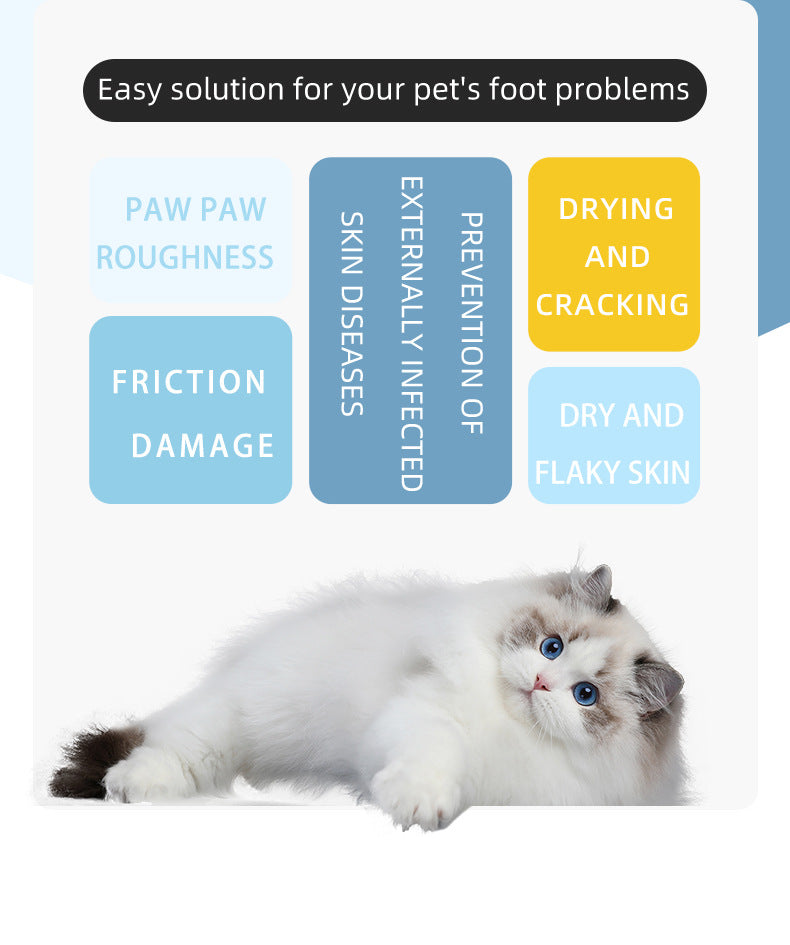 Dog paw care balm for dryness and cracking, pictured with a small white cat