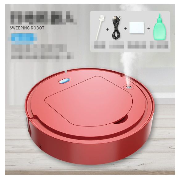 Red circular cleaning robot with blue status light on top panel