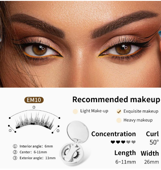 Magnetic false eyelashes set diagram for EM10 style with compact case and lash band