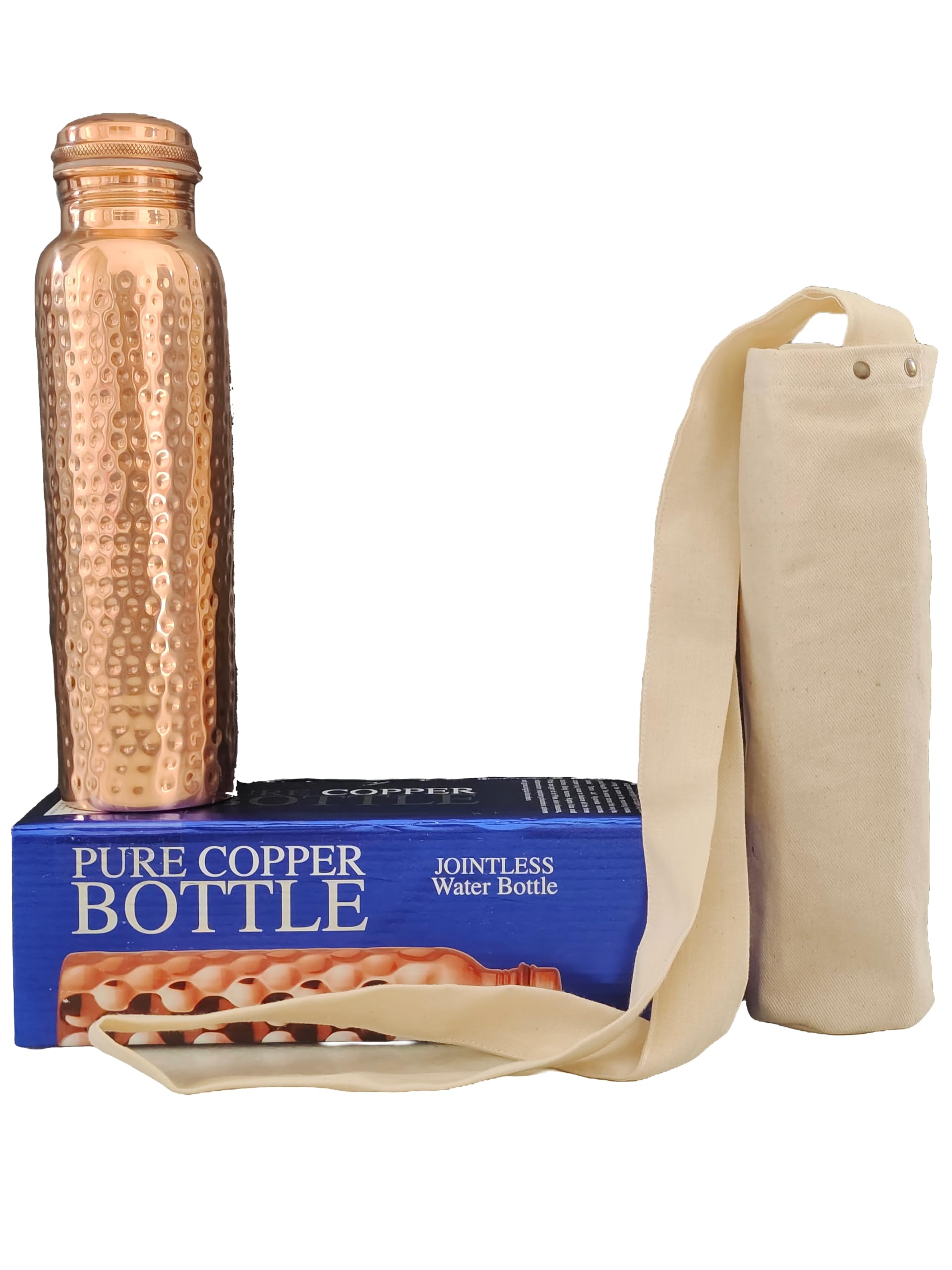 Hammered copper water bottle with cap, gift box, and canvas pouch