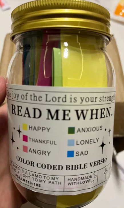 Green glass scripture jar with gold lid, 'READ ME WHEN…' label and color-coded cards