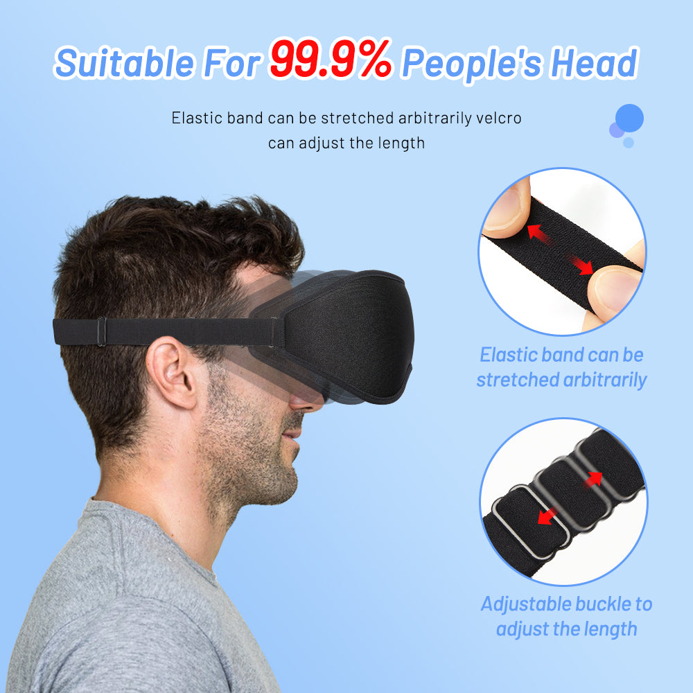 Contoured sleep mask with adjustable elastic strap and buckle, dark gray-black