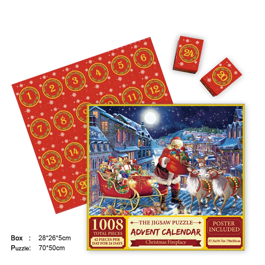 Christmas advent calendar jigsaw puzzle set with numbered red board and snowy sleigh scene