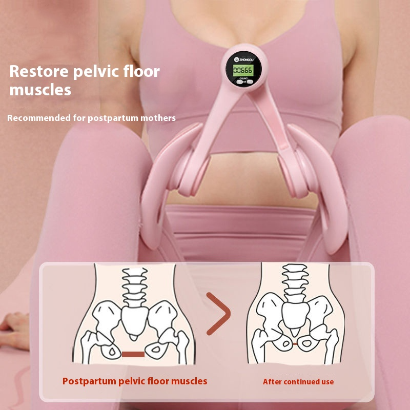 Pink pelvic floor muscle trainer worn between thighs with digital controller