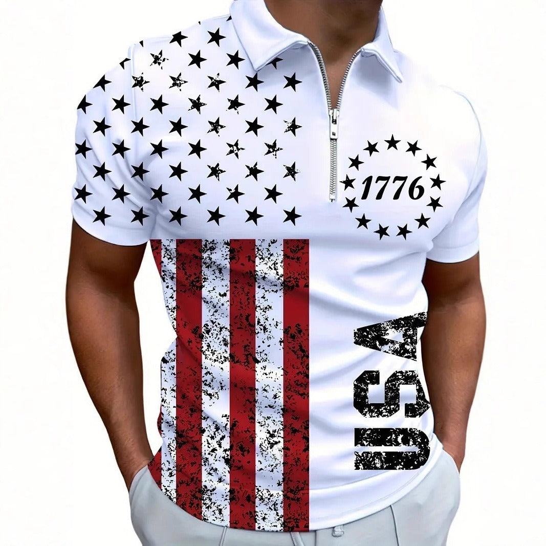 Men's zip-up polo shirt, white with star pattern and red vertical stripes, silver zipper