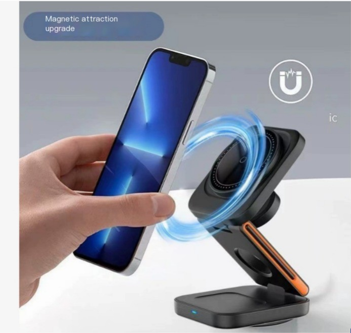 Wireless charging stand with magnetic phone alignment and watch disc, black base, orange edge.
