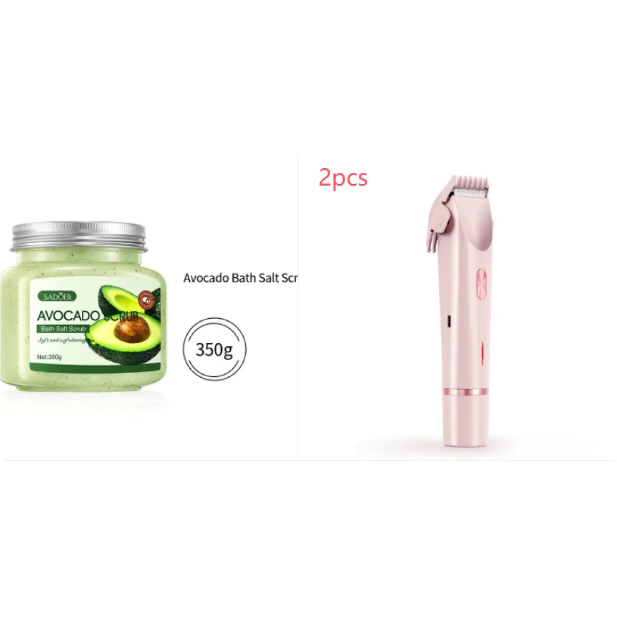 Pink electric hair remover shaver with comb head; set shown with bath product jar.